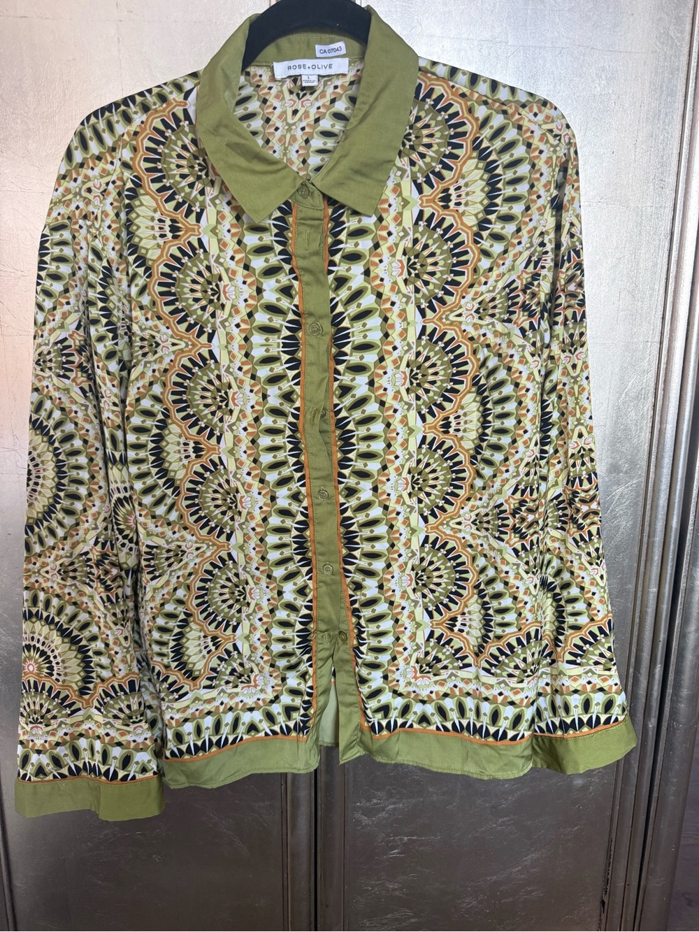 Rose & Olive Olive and Mustard Geometric Button-Front Blouse